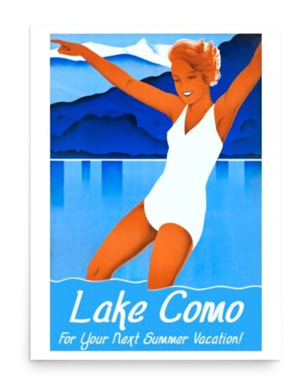 Lake Como Vintage Italian Travel Print,  Art Deco Poster Lago Di Como, World Travel Print