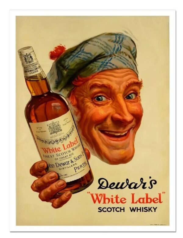Vintage whisky poster. Vintage drinks poster, Vintage alcohol poster, Dewar's White label.
