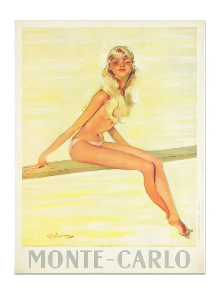 Monte-Carlo Monaco Tourism Poster, French Travel Poster For Monte Carlo Girl On A Board