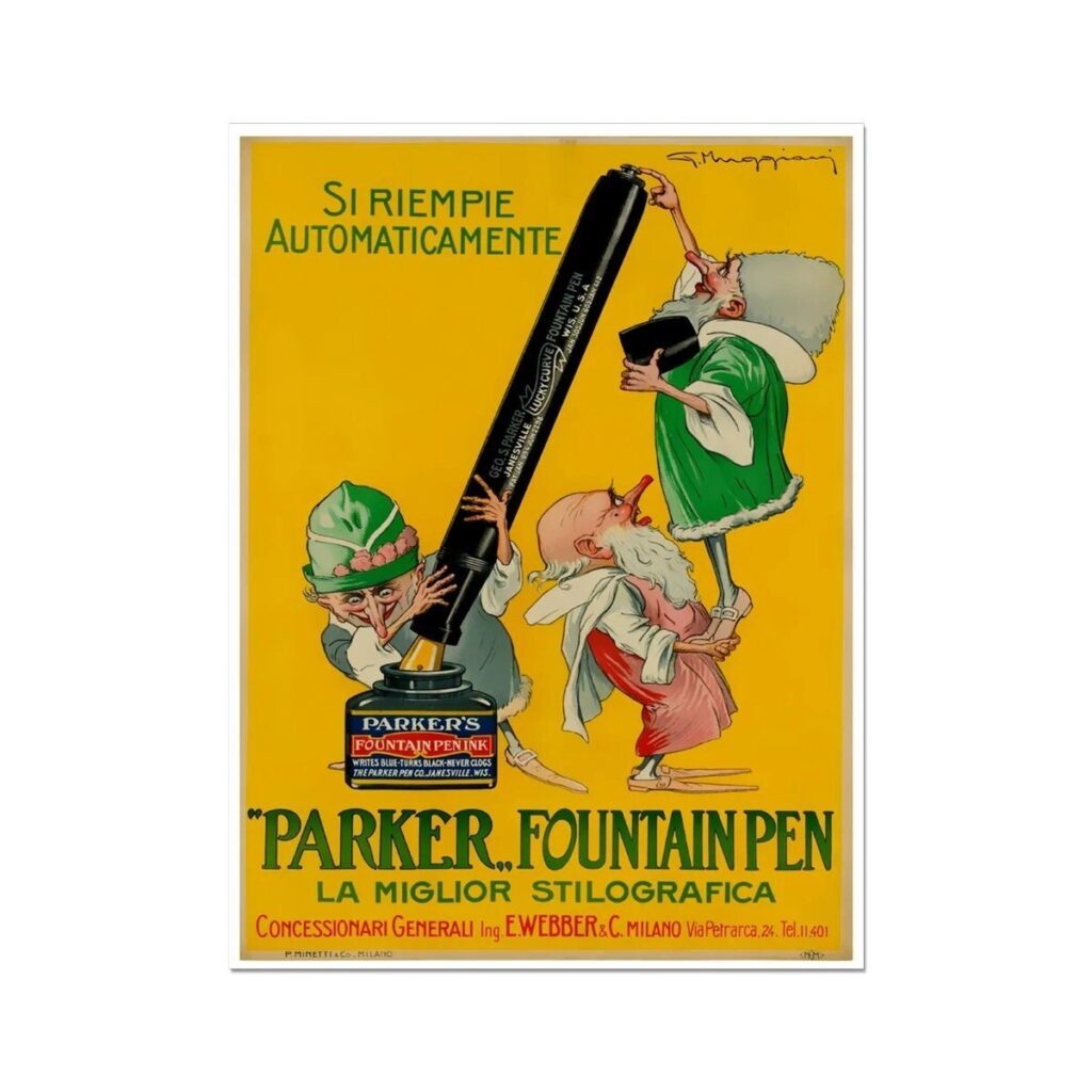 Parker Fountain Pen Poster, Vintage Italian Advertising Advert Poster Print, Writing Pen Ad Poster, Italy Pen Poster Print