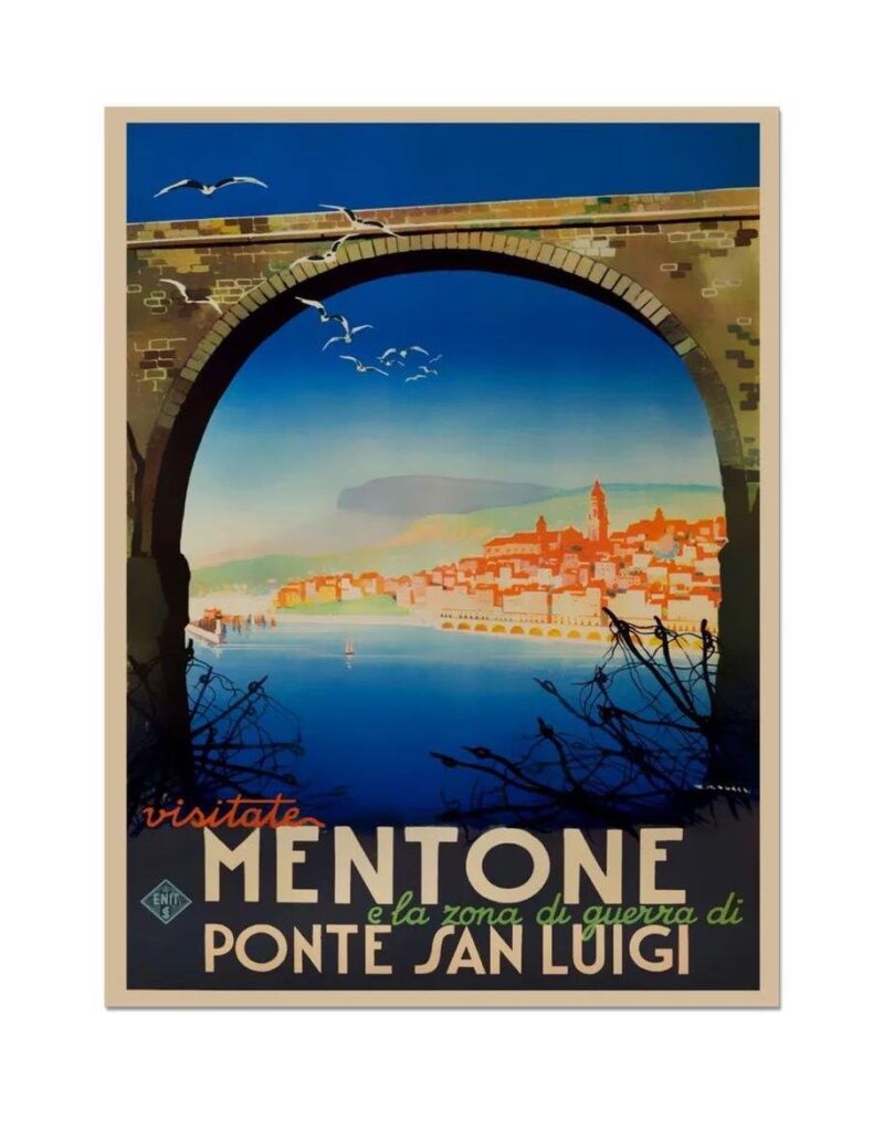 Menton Poster, Vintage Mentone Ponte San Luigi, Italian ENIT Tourism Poster, Vintage Italy Poster, France World Travel Poster