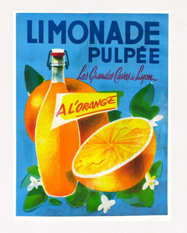 Vintage Orange Lemonade Poster, Limonade Pulpée Mid Century French Print food & drink advertising poster