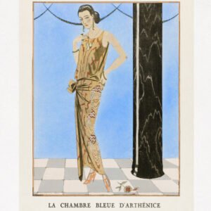 Le Chambre Bleue D'Arthenice Step into the elegance of the 1920s with the captivating vintage illustration, "La chambre bleue d'Arthénice - Robe du soir, de Beer" by George Barbier, created in 1923.