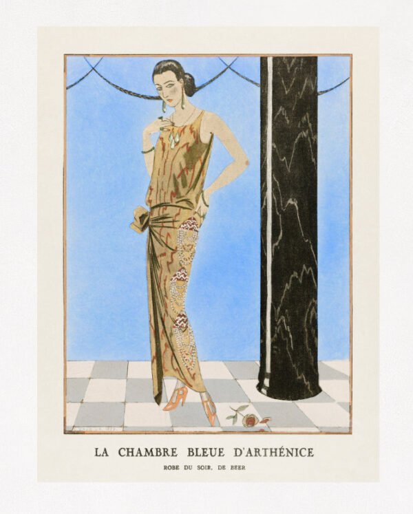 Le Chambre Bleue D'Arthenice Step into the elegance of the 1920s with the captivating vintage illustration, "La chambre bleue d'Arthénice - Robe du soir, de Beer" by George Barbier, created in 1923.