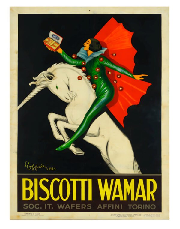 1925 Biscotti Wamar vintage advertising poster by Leonetto Cappiello showing a winged fairy riding a rearing unicorn, Italian Art Deco lithograph reproduction Gallery image 2: Detail of Cappiello Biscotti Wamar 1925 poster, winged fairy figure close-up Gallery image 3: Biscotti Wamar Cappiello poster shown in room setting, framed kitchen wall art