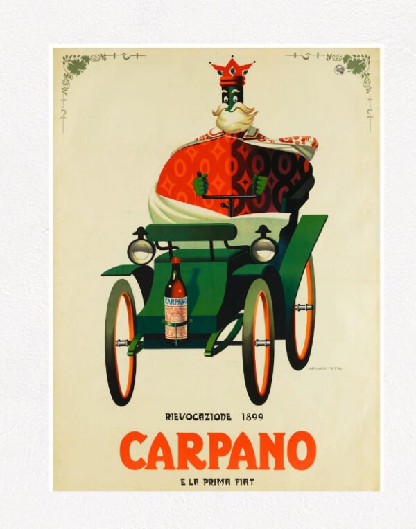Carpano e la prima fiat Vintage alcohol poster, bar print by Armando Testa 1954