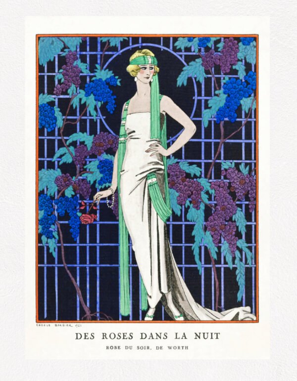 Des robes dans la nuit Robe du soir, de Worth (1921) fashion illustration by George Barbier vintage fashion poster, blue tones