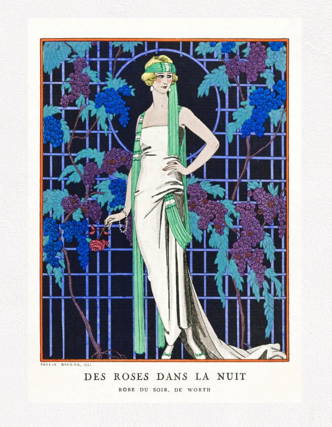 Des robes dans la nuit Robe du soir, de Worth (1921) fashion illustration by George Barbier vintage fashion poster, blue tones