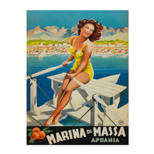 Italian Travel Poster Marina Di Massa featuring a woman on a boat with oars — new reproduction