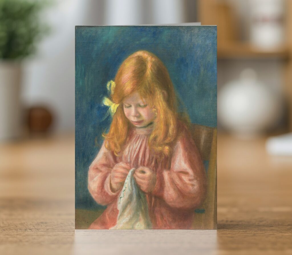 Fine art greetings card of Jean Renoir Sewing by Pierre-Auguste Renoir 1899-1900