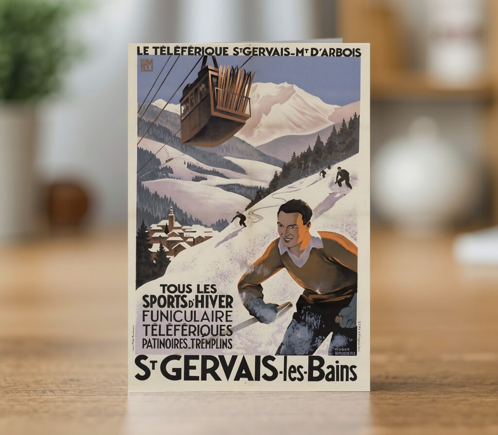 Fine art greetings card of the Le téléphérique Saint-Gervais Mont-d'Arbois poster by Roger Broders 1930