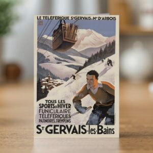 Fine art greetings card of the Le téléphérique Saint-Gervais Mont-d'Arbois poster by Roger Broders 1930
