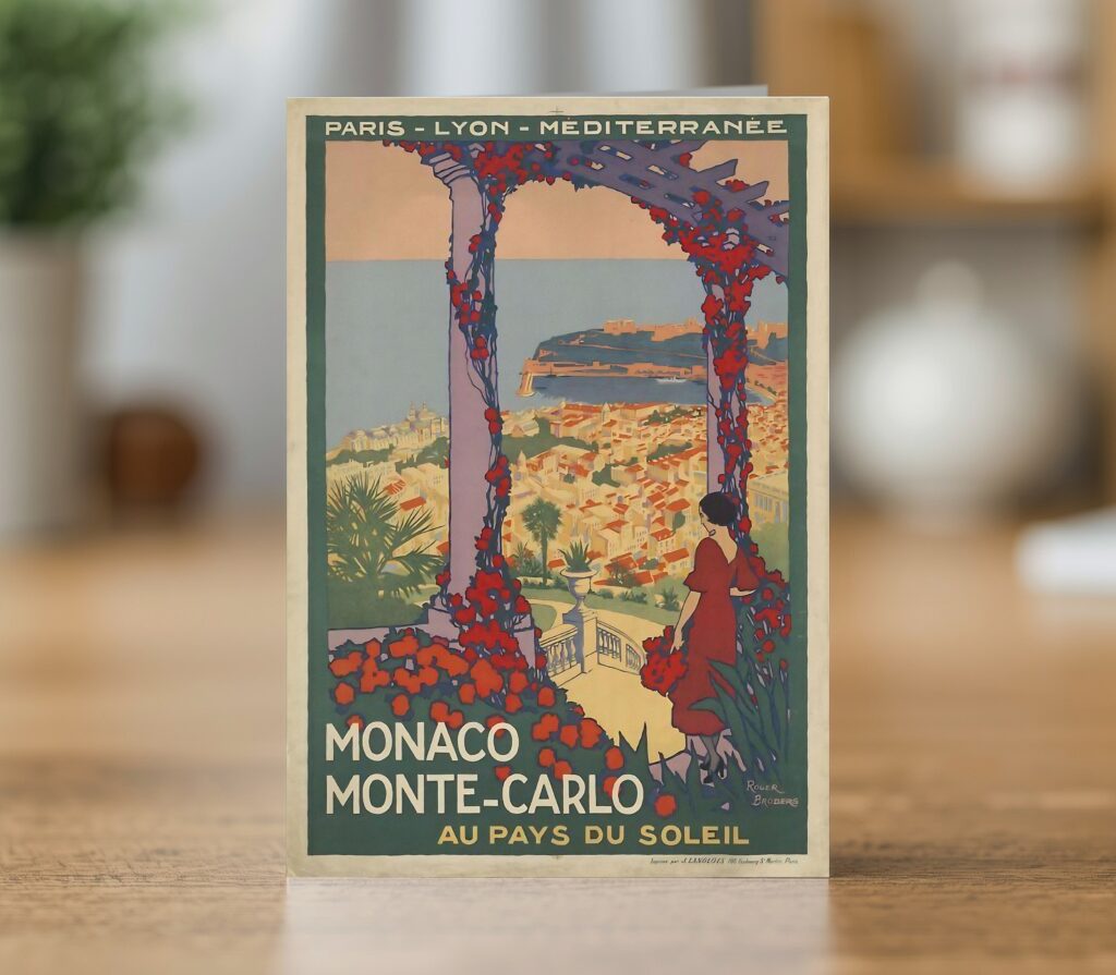Fine art greetings card of the Monaco Monte Carlo Au Pays du Soleil travel poster by Roger Broders 1920
