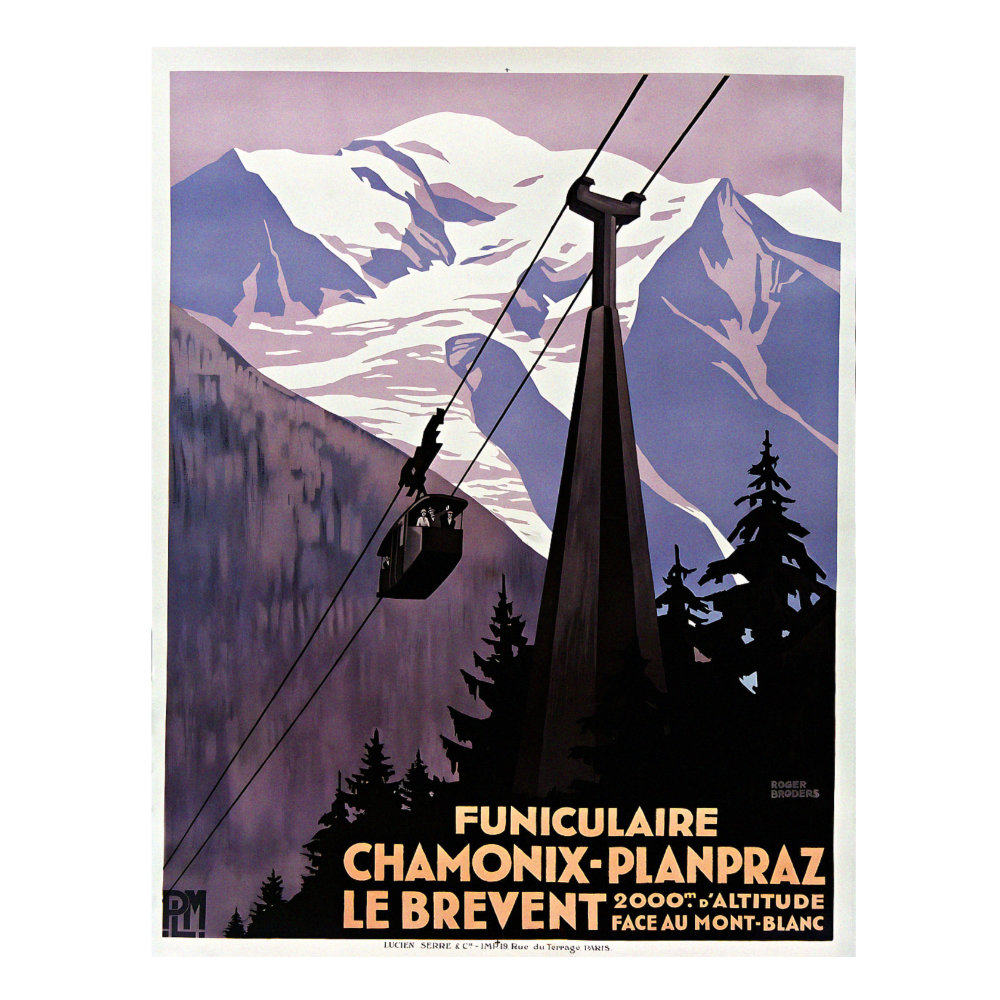PLM Funiculaire Chamonix-Planpraz Le Brevent Mont Blanc vintage travel poster by Roger Broders 1928