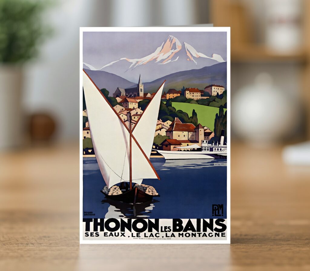 Fine art greetings card of the PLM Thonon-les-Bains ses eaux travel poster by Roger Broders