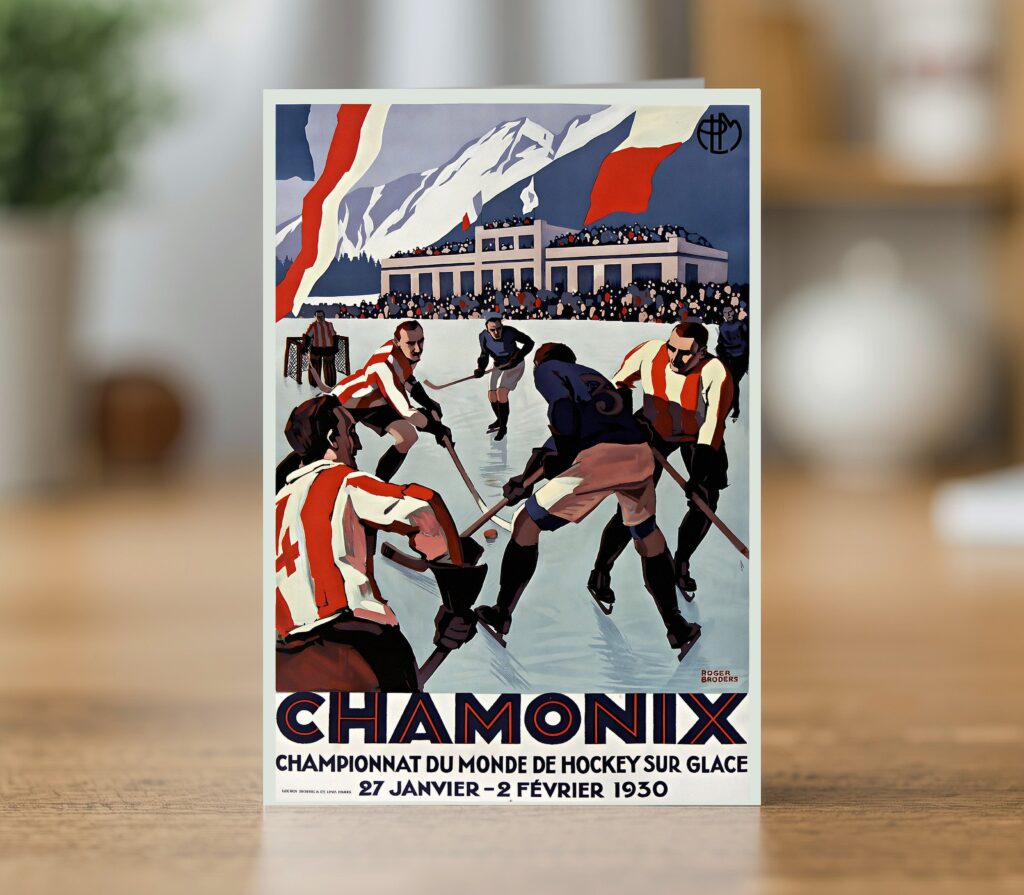 Fine art greetings card of the PLM Chamonix ice hockey world championship poster by Roger Broders 1930