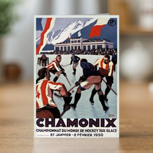 Fine art greetings card of the PLM Chamonix ice hockey world championship poster by Roger Broders 1930