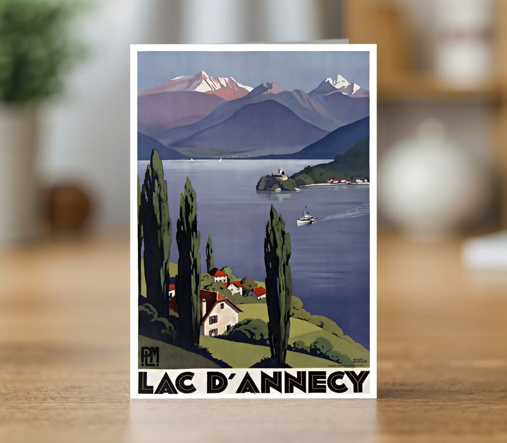 Fine art greetings card of the PLM Lac d'Annecy travel poster by Roger Broders 1930