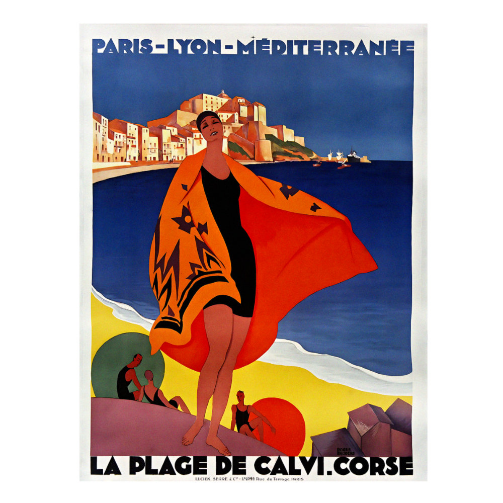 Paris Lyon Mediterranee La Plage de Calvi Corse vintage travel poster by Roger Broders 1928
