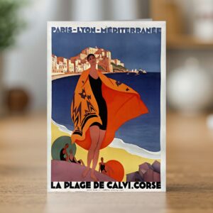 Fine art greetings card of the PLM La Plage de Calvi Corsica travel poster by Roger Broders 1928