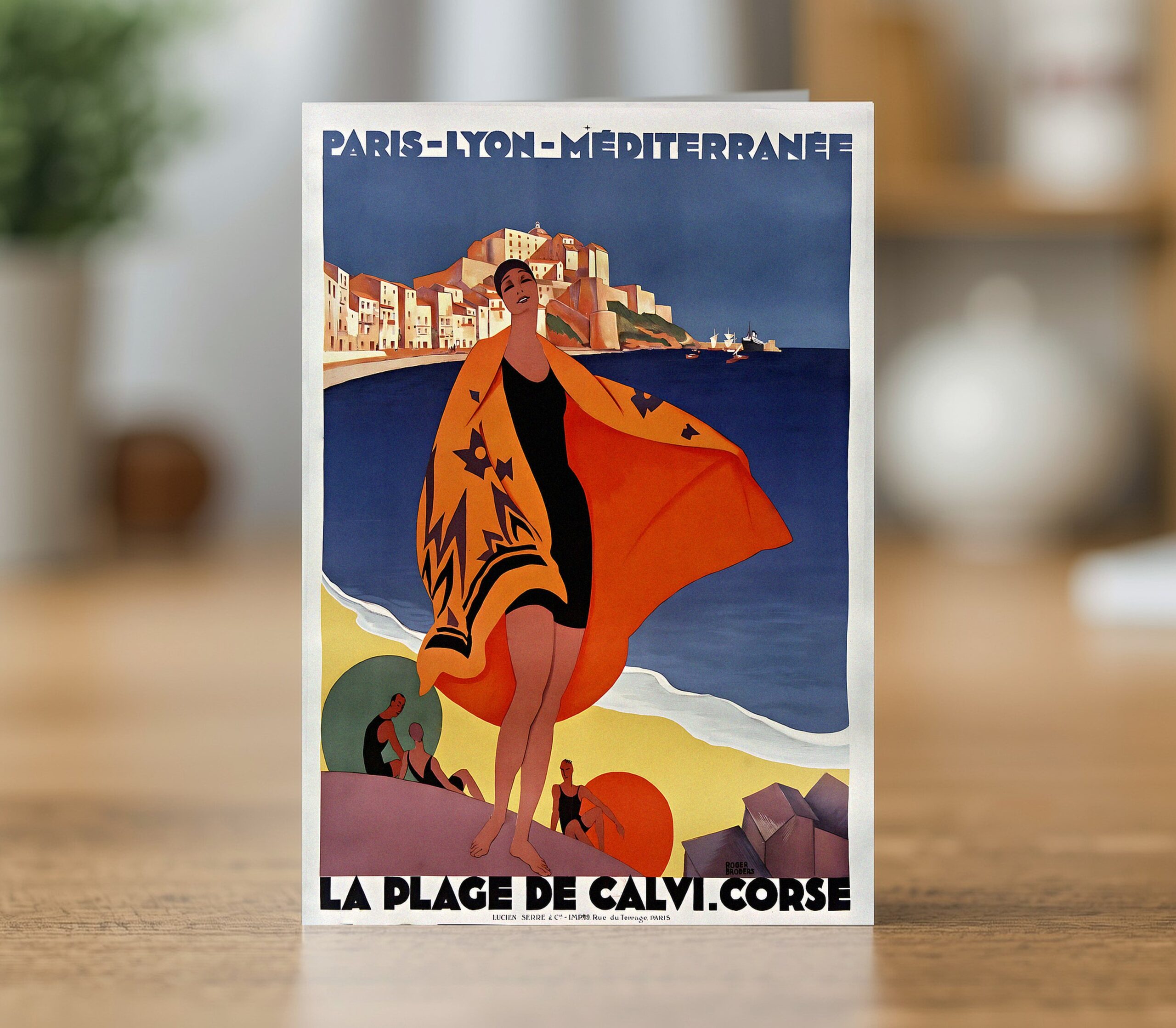 Fine art greetings card of the PLM La Plage de Calvi Corsica travel poster by Roger Broders 1928