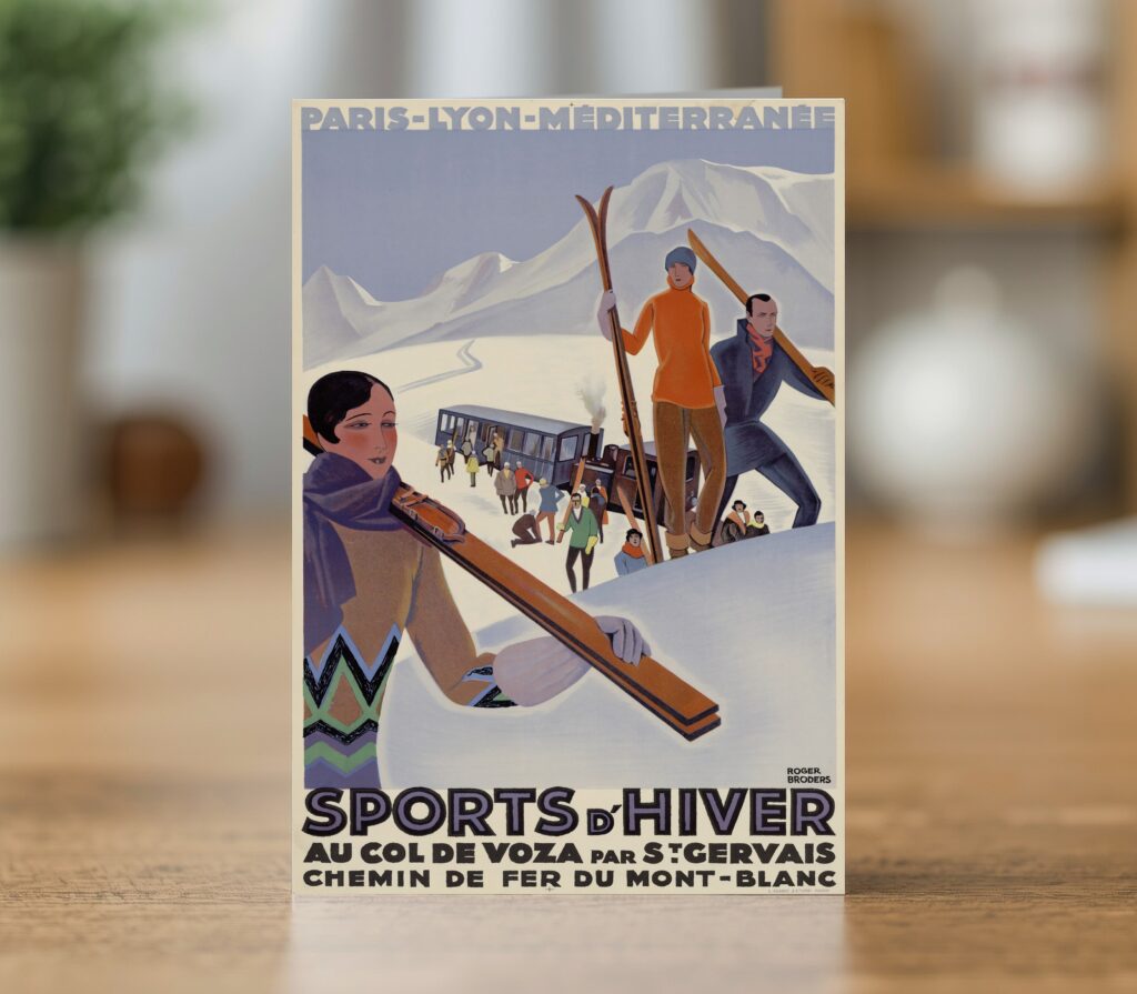 Fine art greetings card of the Sports d'hiver winter sports poster by Roger Broders