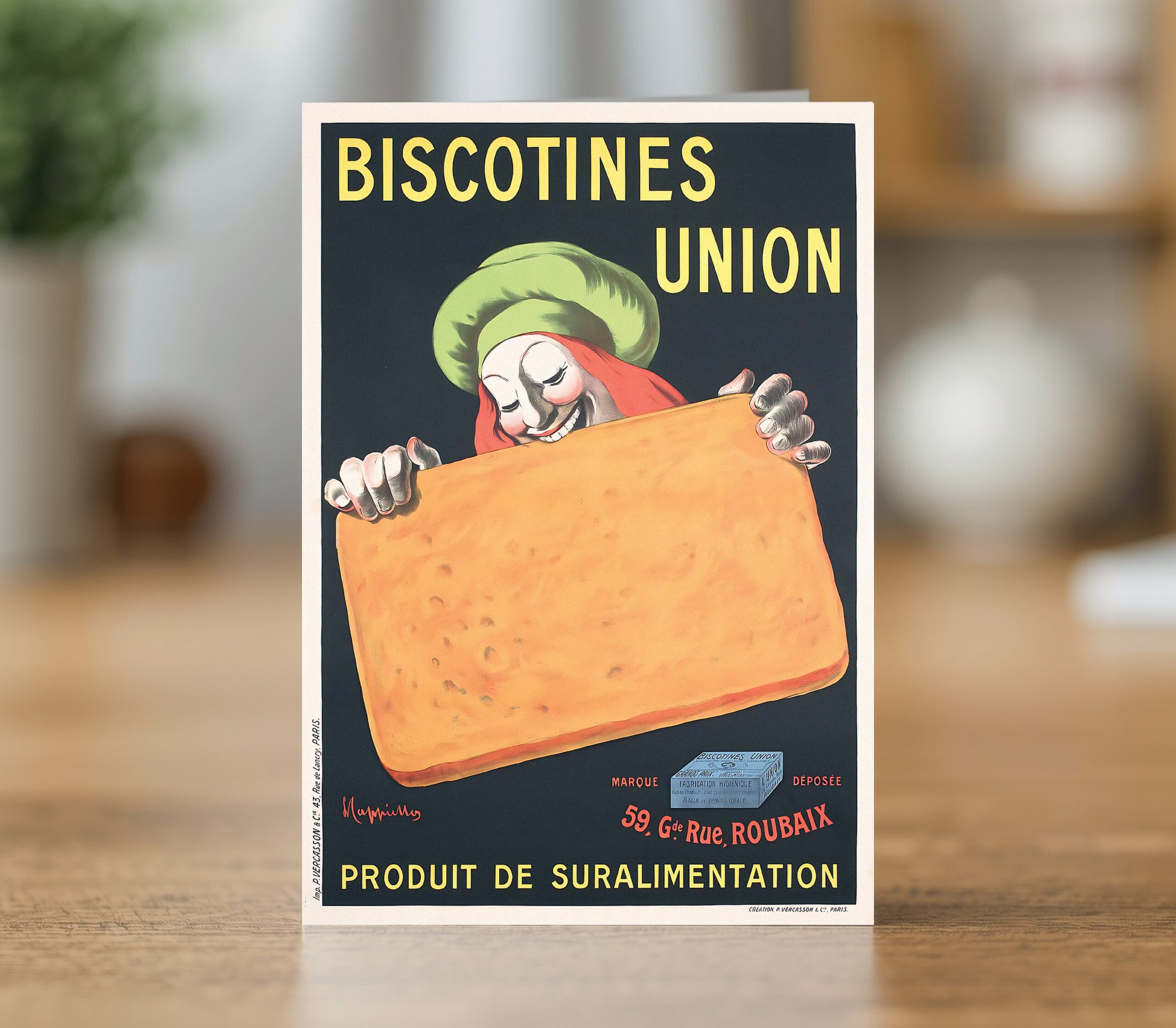Fine art greetings card reproducing the Biscotines Union food poster by Leonetto Cappiello 1906