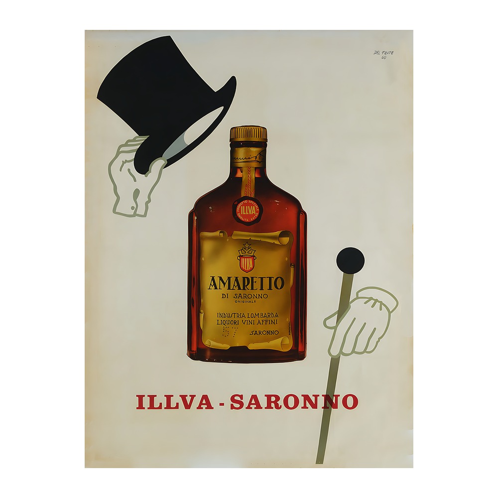 Amaretto Ilva Saronno poster by Walter Del Frate (1960) - new reproduction fine art print mock