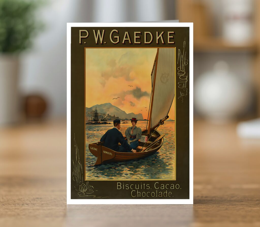 Biscuits Cacao Chocolade greetings card reproducing the 1895 P.W. Gaedke biscuit advertising design