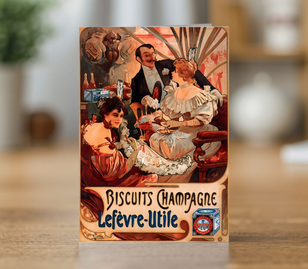 Greetings card reproducing Alphonse Mucha’s 1896 Biscuits Champagne Lefèvre-Utile poster - new reproduction