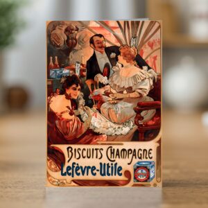 Greetings card reproducing Alphonse Mucha’s 1896 Biscuits Champagne Lefèvre-Utile poster - new reproduction