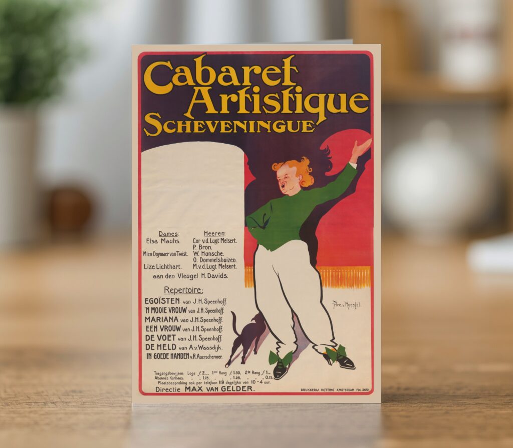 Greetings card reproducing Arnold van Roessel’s 1914 Cabaret Artistique poster - new reproduction