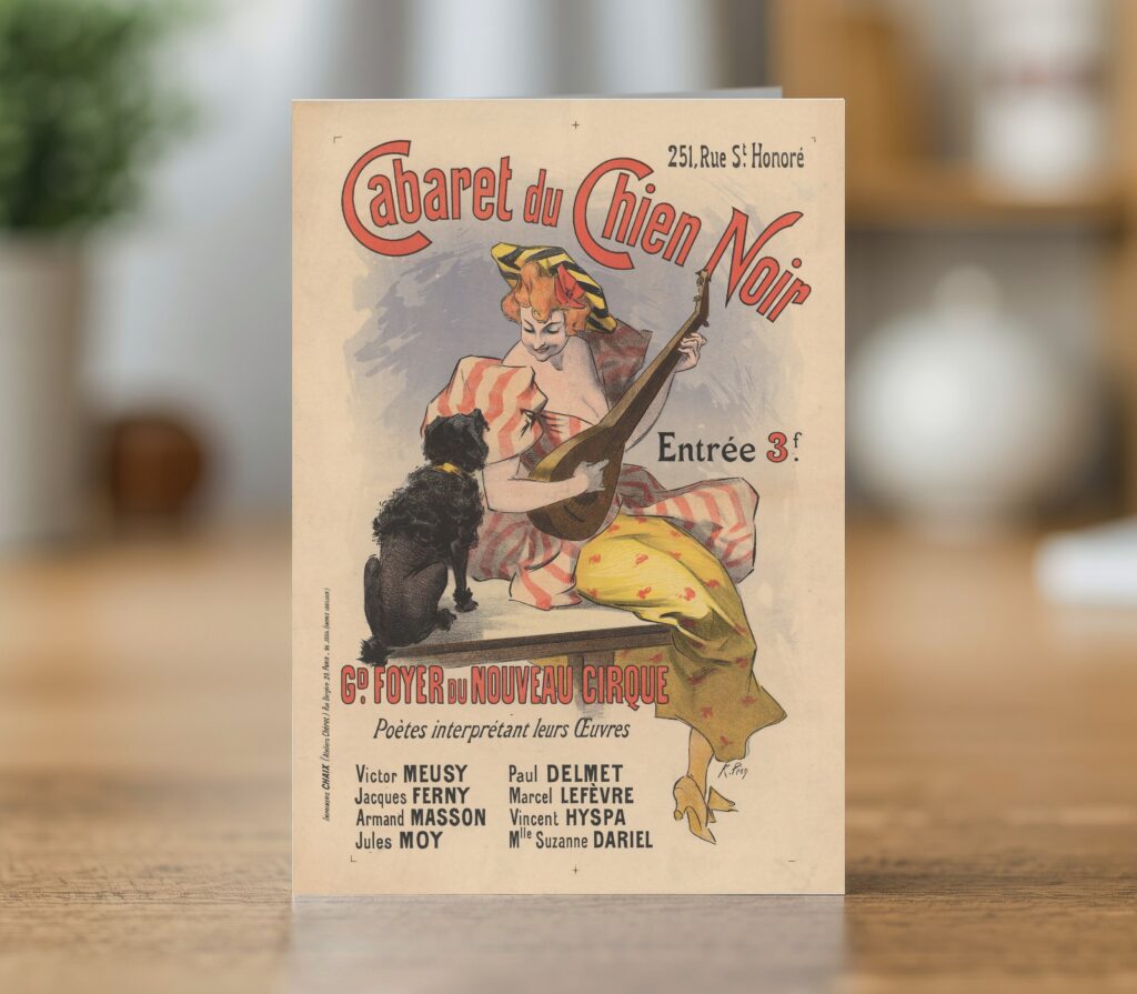 Greetings card reproducing René Péan’s 1896 Cabaret du Chien Noir poster - new reproduction