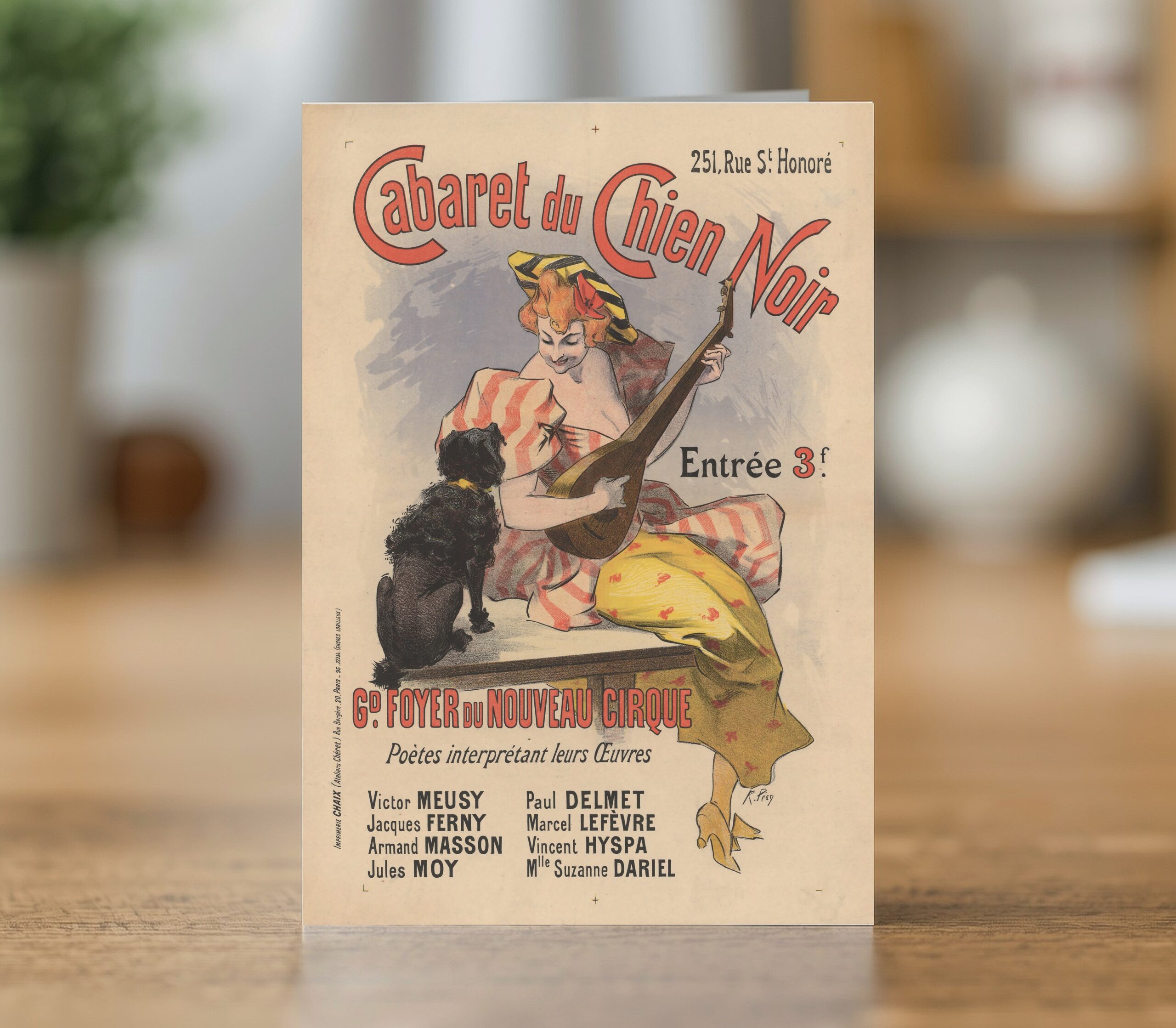Greetings card reproducing René Péan’s 1896 Cabaret du Chien Noir poster - new reproduction