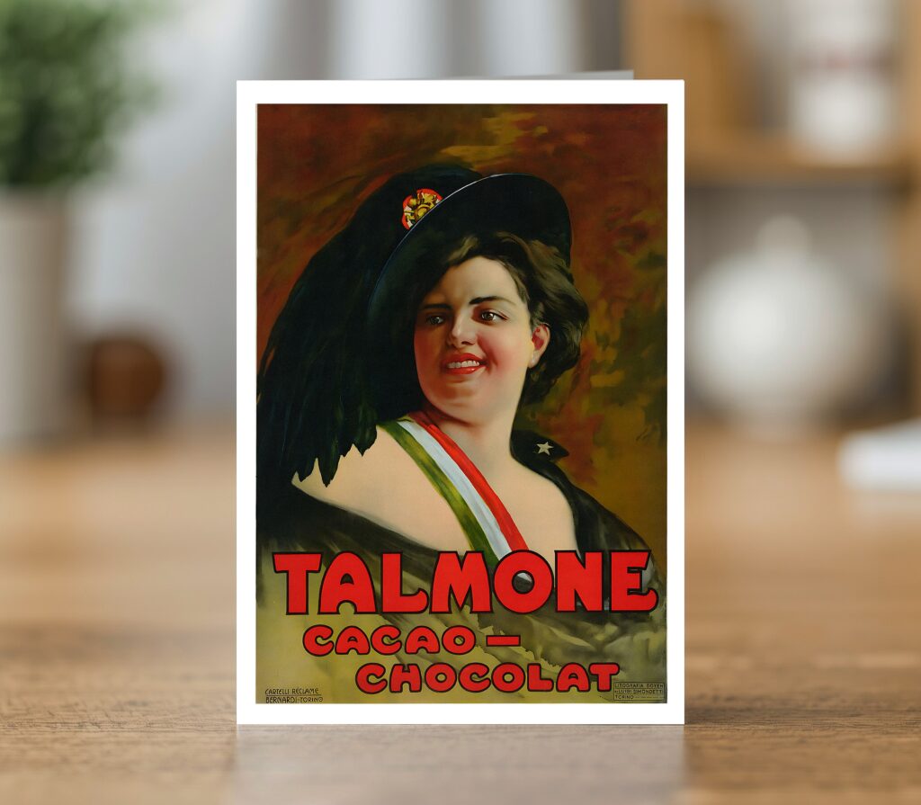 Greetings card reproducing Romolo Bernardi’s Cacao Chocolat Talmone poster (c. 1900) - new reproduction