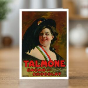 Greetings card reproducing Romolo Bernardi’s Cacao Chocolat Talmone poster (c. 1900) - new reproduction