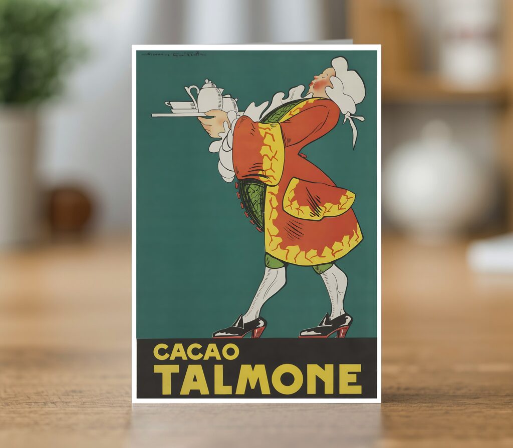 Greetings card reproducing Simonne Graterolle’s 1941 Cacao Talmone poster - new reproduction