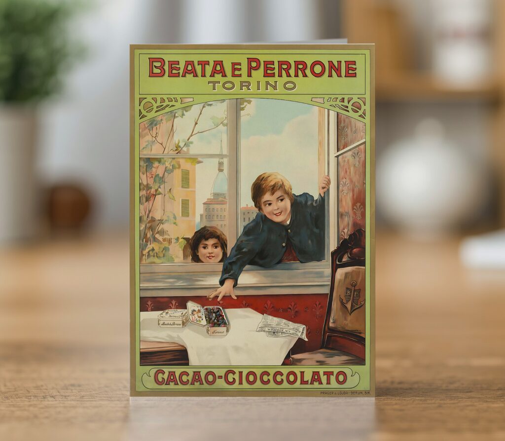 Greetings card reproducing the Cacao Beata e Perrone Torino poster (c. 1900) - new reproduction