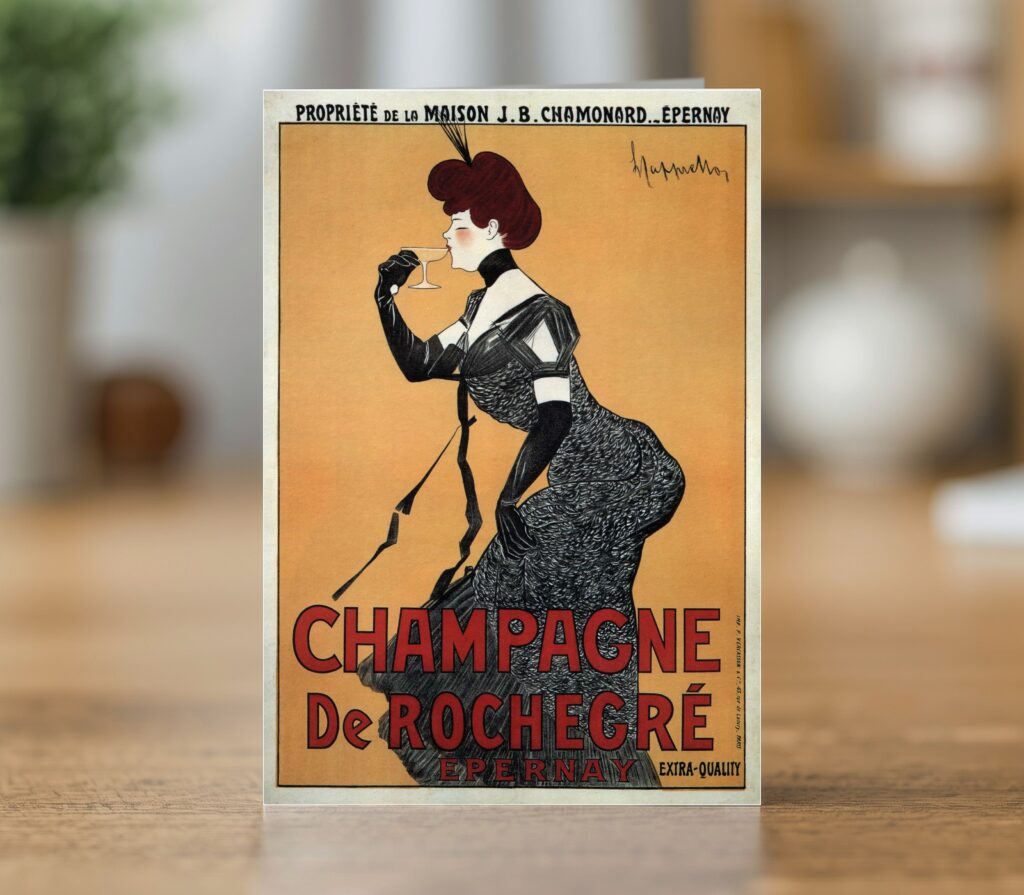 Champagne De Rochegre greetings card reproducing Leonetto Cappiello's 1910 champagne poster for De Rochegre