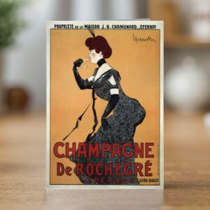 Champagne De Rochegre greetings card reproducing Leonetto Cappiello's 1910 champagne poster for De Rochegre