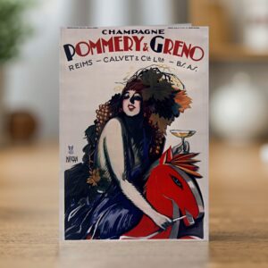 Champagne Pommery and Greno greetings card reproducing Achille Mauzan's 1930 Reims champagne poster