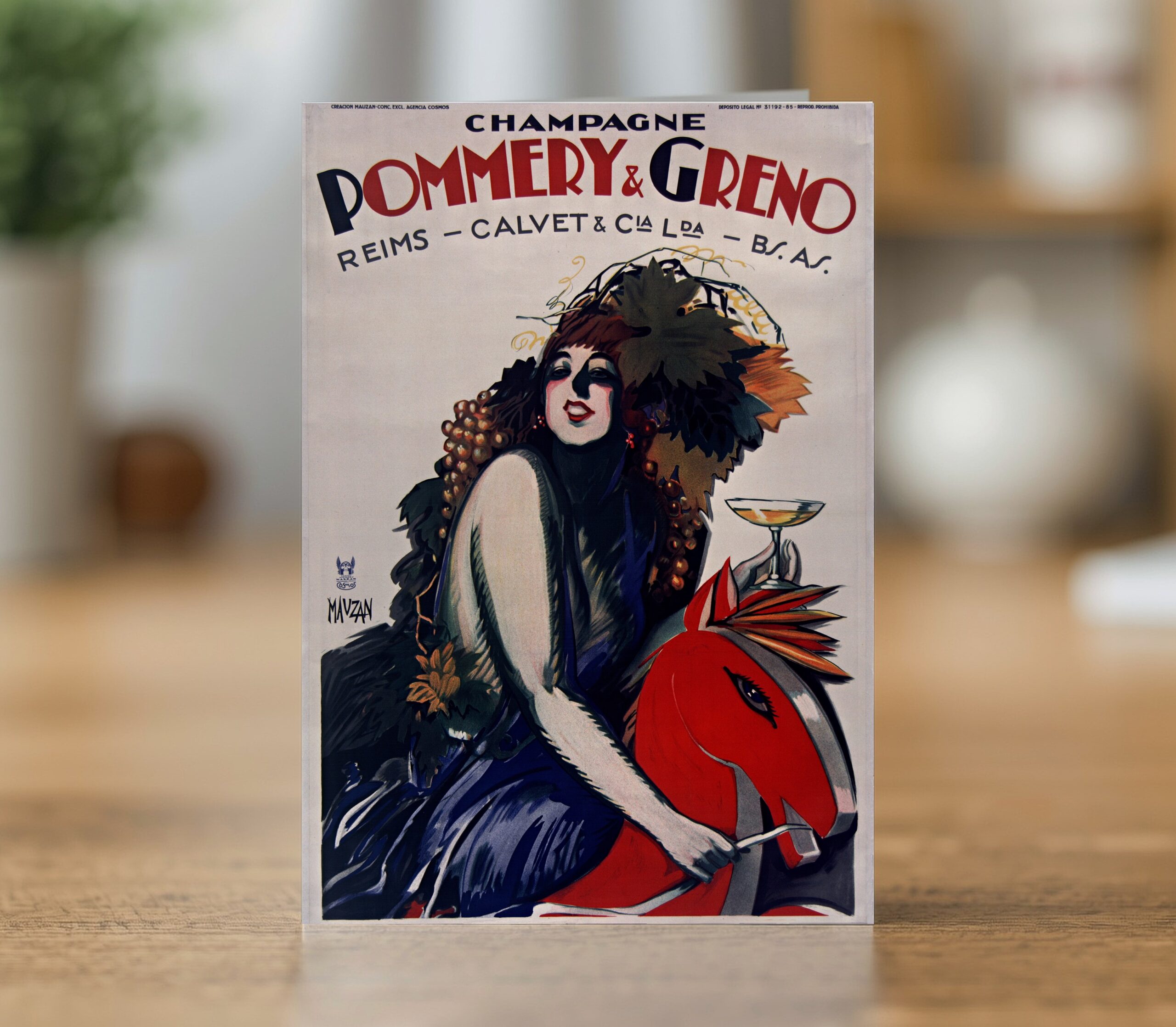 Champagne Pommery and Greno greetings card reproducing Achille Mauzan's 1930 Reims champagne poster