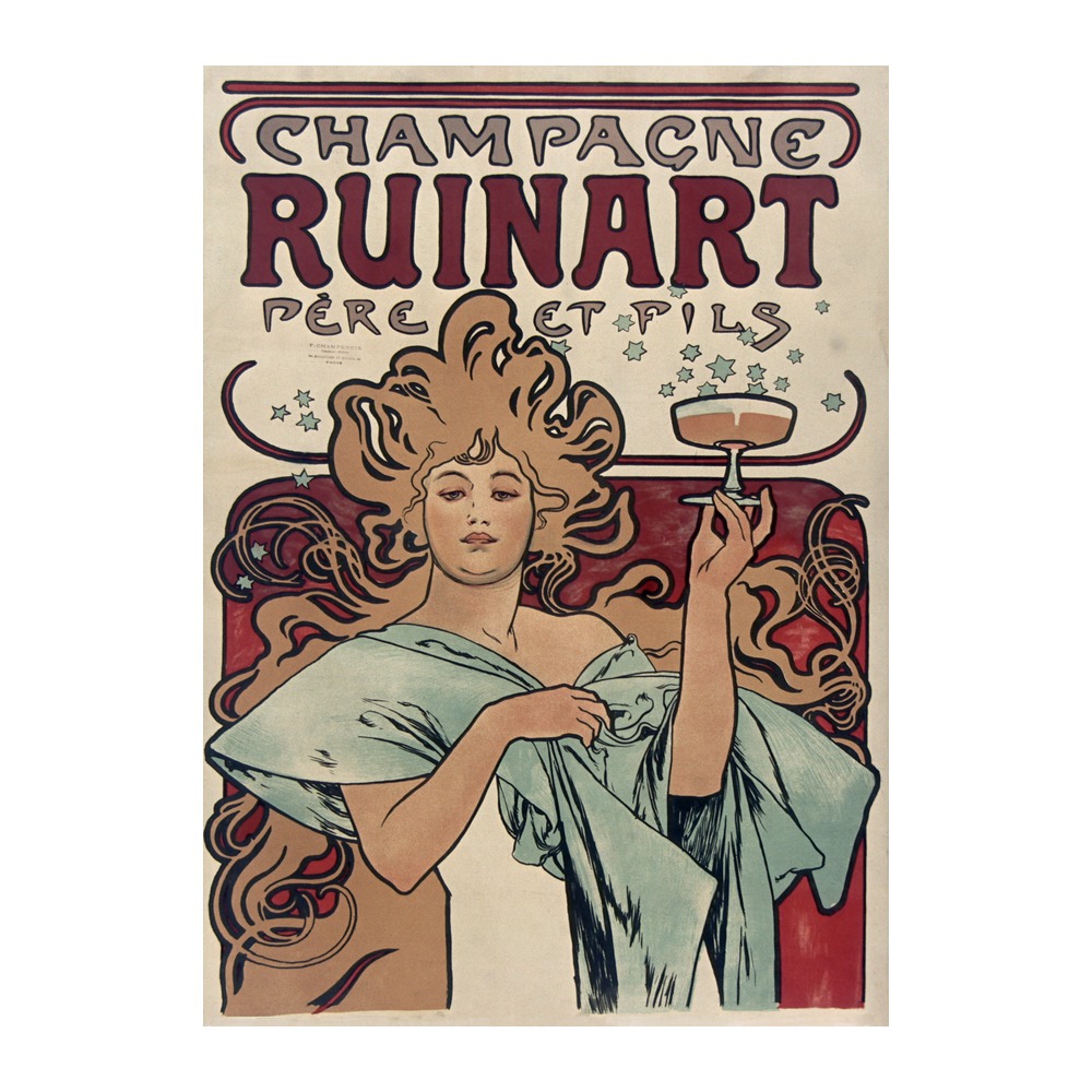 Champagne Ruinart poster by Alphonse Mucha (1896) - new reproduction fine art print mock