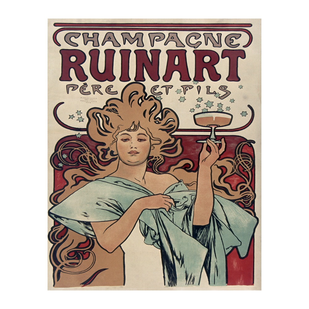 Champagne Ruinart poster by Alphonse Mucha (1896) - new reproduction fine art print mock