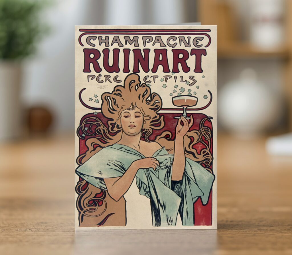 Champagne Ruinart greetings card reproducing Alphonse Mucha's 1896 champagne poster