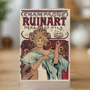 Champagne Ruinart greetings card reproducing Alphonse Mucha's 1896 champagne poster
