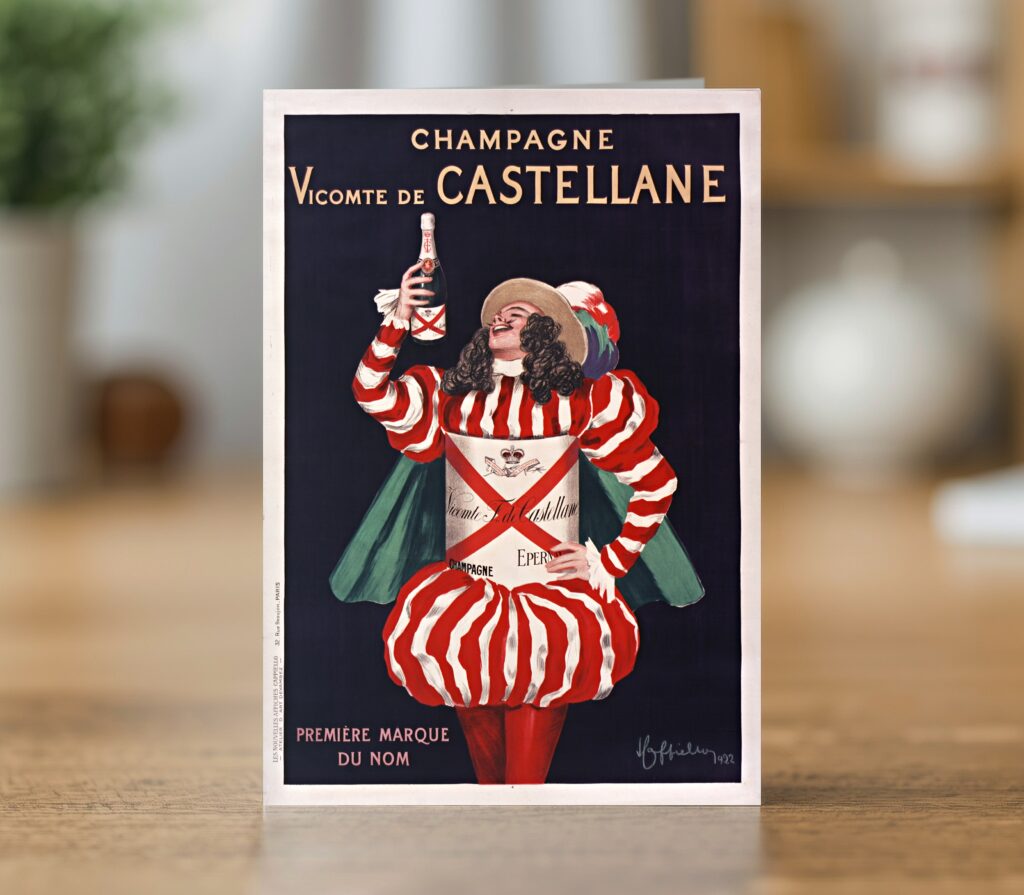 Champagne Vicomte de Castellane greetings card reproducing Leonetto Cappiello's 1922 Epernay champagne poster