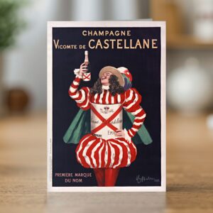Champagne Vicomte de Castellane greetings card reproducing Leonetto Cappiello's 1922 Epernay champagne poster