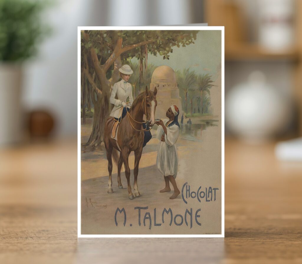 Greetings card reproducing Alberto Rossi’s 1909 Chocolat Talmone poster - new reproduction