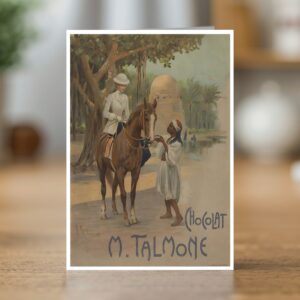Greetings card reproducing Alberto Rossi’s 1909 Chocolat Talmone poster - new reproduction
